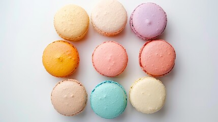 Obraz premium Circle of assorted pastel macarons on a trendy white background, viewed from above