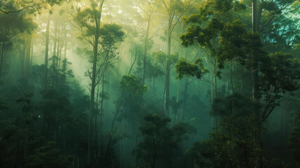 Fototapeta premium A dense forest shrouded in mist landscape