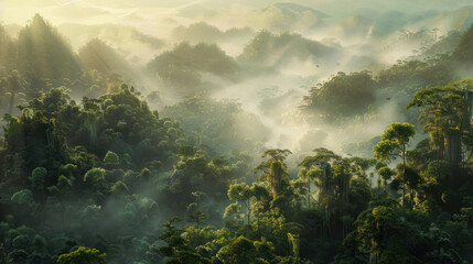 A dense forest shrouded in mist landscape