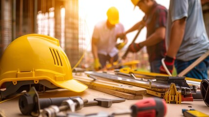 Fototapeta premium Sundown Serenity Construction Workers in Action with Golden Hour Glow