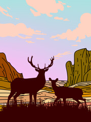 Silhouette of deer, doe, fawn standing on meadow in forest vector background. Trees, grass, magical misty landscape illustration for background, banner, poster and cover.