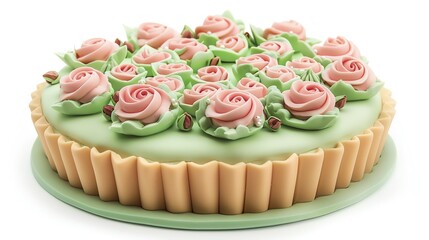 a Pistachio Rose Cake cake clipart, a 3D clay style illustration, isolated on white background. copy space for text,