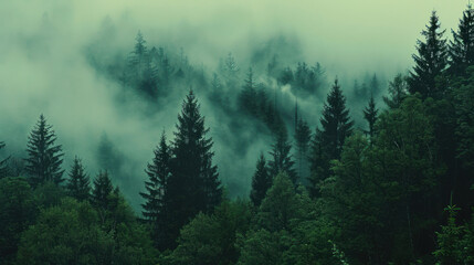Fototapeta premium A dense forest shrouded in mist landscape