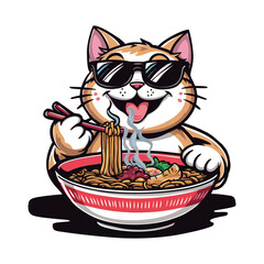 a vibrant vector illustration design featuring a joyful cat eating ramen. can be used to t-shirt, emblem and more