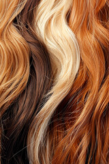 Fototapeta premium A close-up view of multicolored strands of hair in various shades of brown, blonde, and red