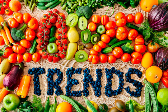 2025 trends spelled out with fresh fruits and vegetables, showcasing vibrant and healthy eating habits. Colorful and visually appealing.