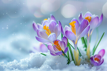 Delicate purple crocuses with vibrant orange stamens blooming through snow, representing the arrival of spring