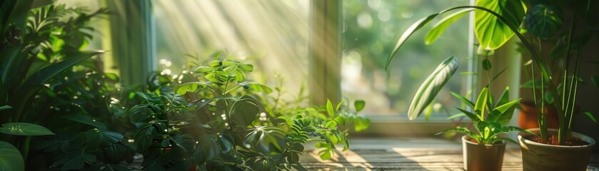 Serene indoor garden with lush green plants 