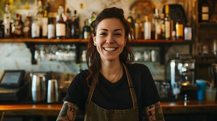 In front of the camera, a woman bartender stands straight-faced, smiling