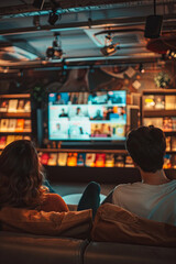 Fototapeta premium Friends choosing a movie to watch at home, video on demand concept