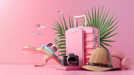 travel travel concept small plastic suitcase airplane on pink background