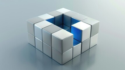 Obraz premium Cube. Three-dimensional cube with sections in gray and one in blue for business concept rendering