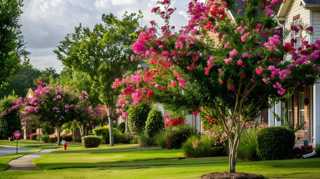 lush blooming crape myrtle trees on green lawn in a neat neighborhood