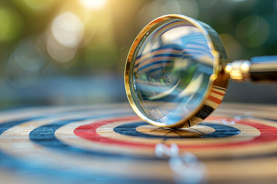 Target board under a magnifying glass, business objective focus and achievement