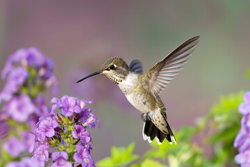 Naklejka premium Hummingbird visiting flowers, nature and wildlife
