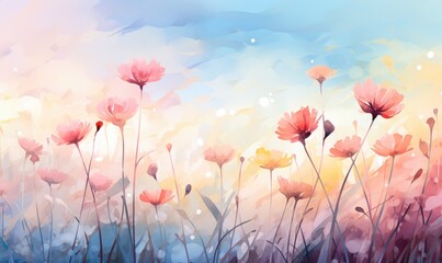 Obraz premium Serene Delicate Floral Pastel Background with Soft Blue, Pink, and Yellow Flowers - Digital Illustration of Natural Beauty