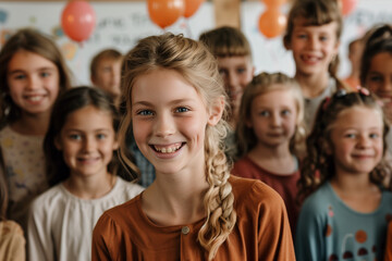 Obraz premium A group of children are smiling and posing for a picture