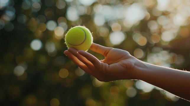 A close-up shot of a woman's hand tossing a tennis ball in the air, perfectly positioned for a forehand swing