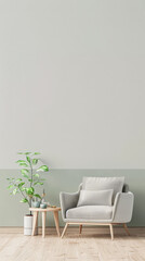 Modern interiors in neutral color with minimal furniture decor, copy space and natural lighting. Residential contemporary space for Real Estate advertising.