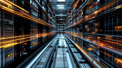 Obraz premium Tech Odyssey Futuristic Automated Storage System in Action with Dynamic Movement and HighTech Infrastructure