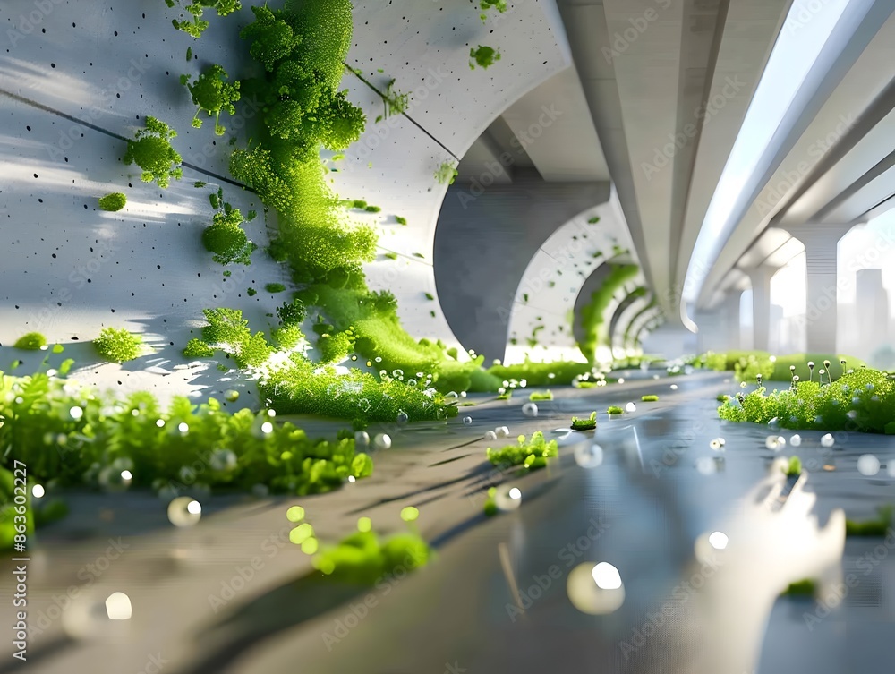 Poster symbiotic microbial utopia:an architectural exit ramp blending with nature's vibrant microcosm