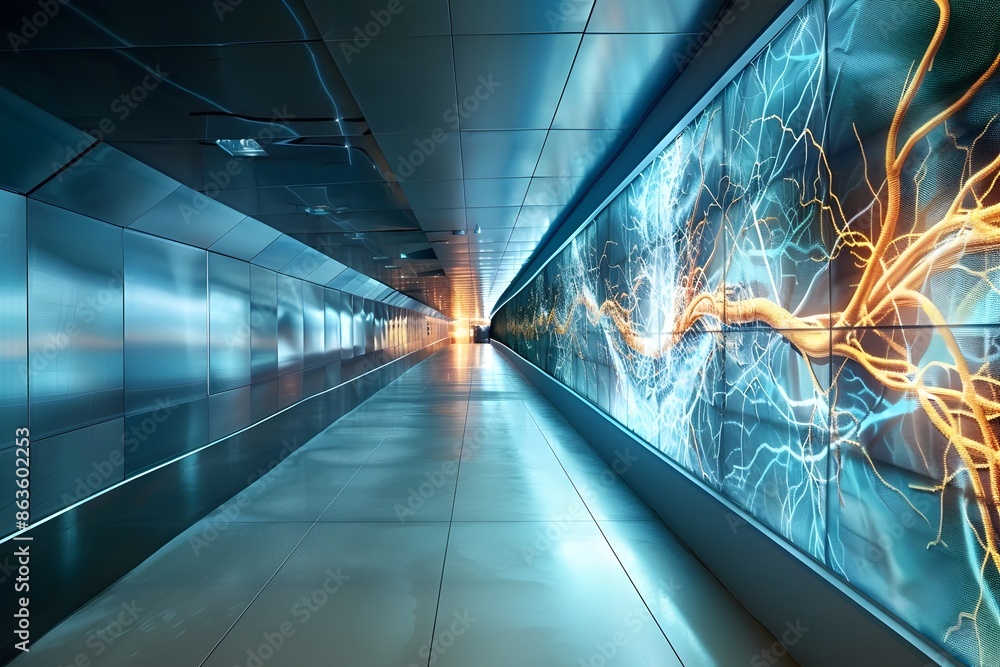 Poster futuristic underpass integrating cardiovascular elements as architectural lifeline