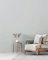 Modern interiors in neutral color with minimal furniture decor, copy space and natural lighting. Residential contemporary space for Real Estate advertising.