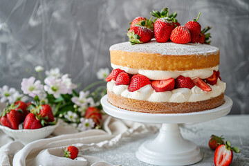 Delicious strawberry cream cake on cake stand