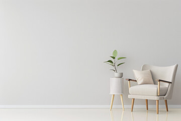 Fototapeta premium Modern interiors in neutral color with minimal furniture decor, copy space and natural lighting. Residential contemporary space for Real Estate advertising.