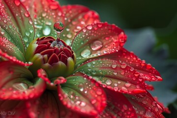 A single raindrop rests on the edge of a dahlia petal, reflecting the vibrant red and green colors in its tiny surface. The delicate textures of the dahlia are magnified by the dro