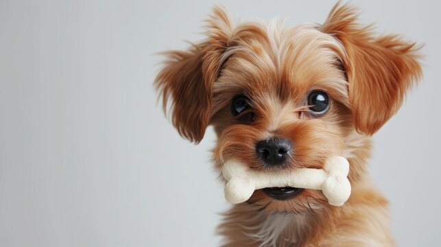 Small dog with bone in mouth on white background space for text