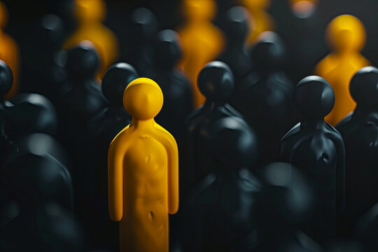 Unique yellow person standing out among dark figures, brand differentiation and competition