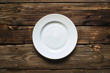 Dinner Plate: White Empty Plate on Wooden Table Setting for Elegant Dining Experience