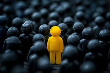 Fototapeta premium Unique yellow person standing out among dark figures, brand differentiation and competition
