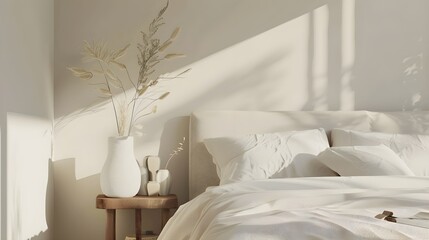 Modern house interior details. Simple cozy beige bedroom interior with bed headboard, linen bedding, bedside table and natural decorations