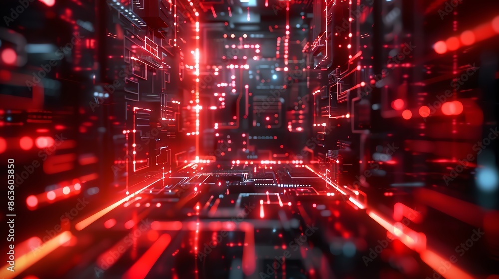Aufkleber futuristic digital matrix with glowing red and black technology elements, visualizing data transfer 