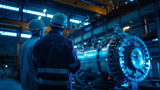 Future Tech Industrial Workers in Cyberpunk Setting Analyzing Advanced Power Unit under Holographic Glow - Powered by Adobe