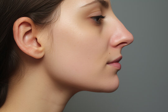 Side view of woman with bumpy aquiline nose in front of gray background