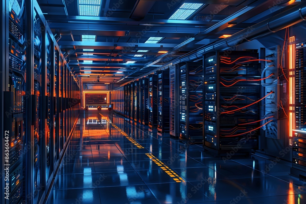 Poster futuristic server room with glowing lights, modern technology, and big data storage. concepts. cloud