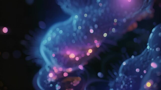The animation shows a proteasome complex marked with fluorescent tags allowing researchers to study its behavior and function in realtime.
