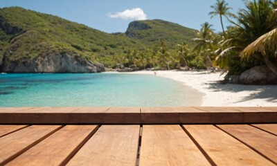 Fototapeta premium table wood for product visualization in the tropical beach