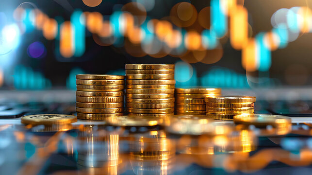 Stacks of gold coins on a financial graph with a bokeh background, representing economic growth and investment opportunities.