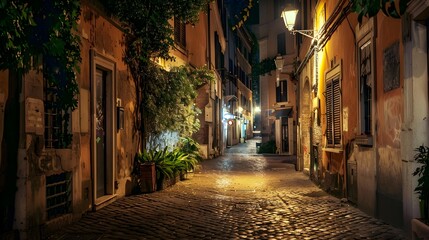 Fototapeta premium Night view of old street in Trastevere in Rome, Italy