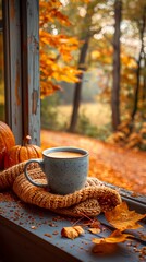 A cozy autumn scene with a coffee mug, pumpkin, and fallen leaves.