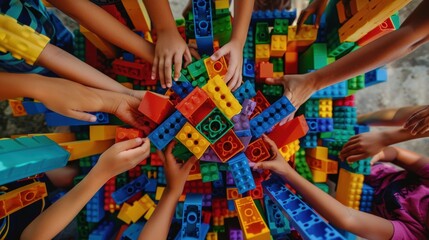Children's hands excitedly stack colorful building blocks, constructing a towering castle, their faces flushed with concentration and creative energy