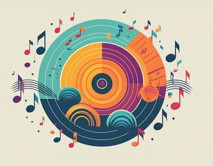 Vinyl record decorated with musical notes, vintage circular minimal illustration logo