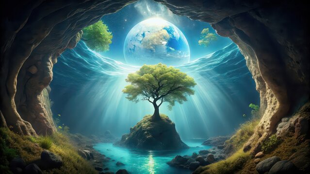 Surreal underwater cavern with a wise tree merging nature and planet , surreal, blend, nature, planet, wisdom, tree