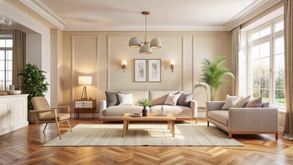 Fototapeta premium Elegant living room interior with cream-colored walls, minimal decor, and a bright, airy atmosphere, featuring a beautiful light wood floor as the centerpiece.