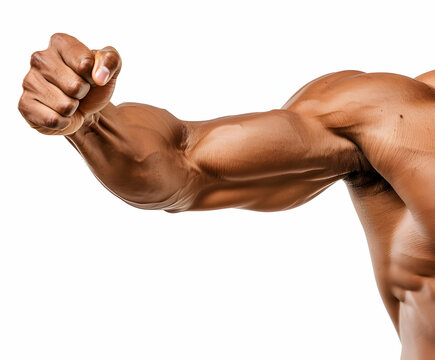 Close up man arm flexing bicep muscle on white background