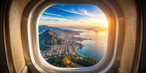 Naklejka premium Airplane window with view of famous travel destination attraction , airplane, window, travel, destination, attraction
